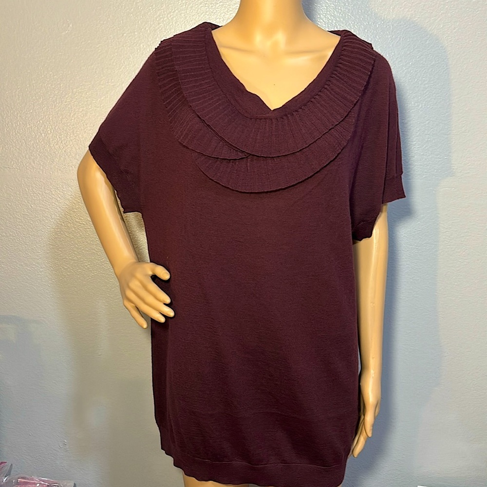 Ann Taylor LOFT Merino Wool Maroon Ruffle Collar Short Sleeve Oversized Sweater